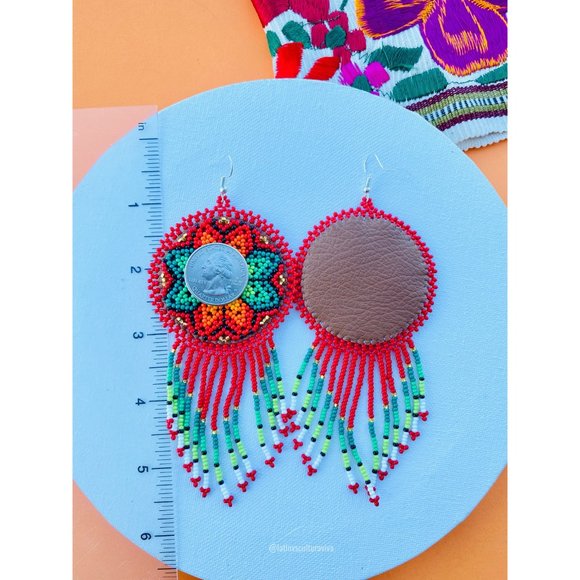 Huichol Earrings Huichol Art Mexican Earrings Hand Beaded Earrings, Flower Earri - Picture 3 of 5